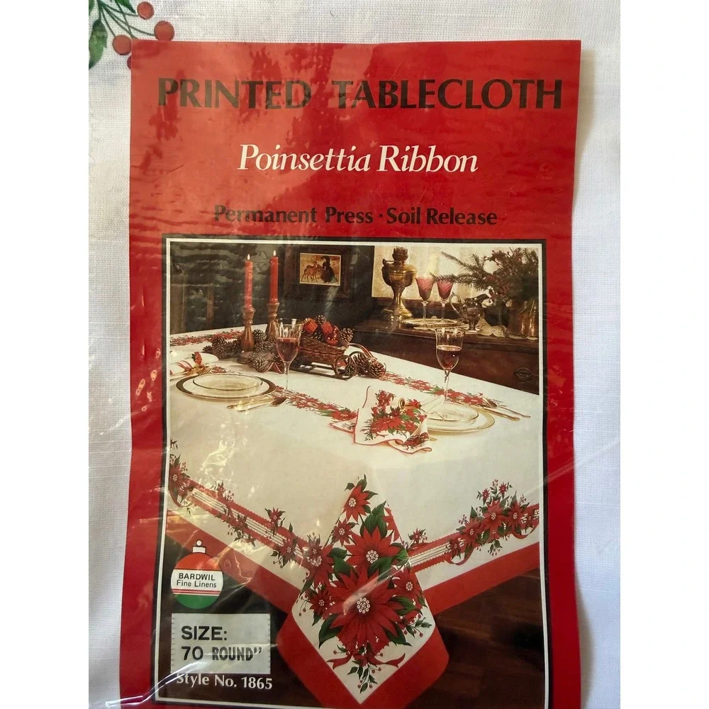 Bardwil Fine Linens Poinsettia Ribbon Round Tablecloth 70 Inch Christmas Holiday